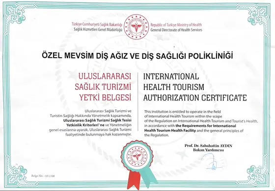 International Health Tourism Authorization Certificate issued by the Republic of Türkiye Ministry of Health to Özel Mevsim Diş Ağız ve Diş Sağlığı Polikliniği, No. ST-1108